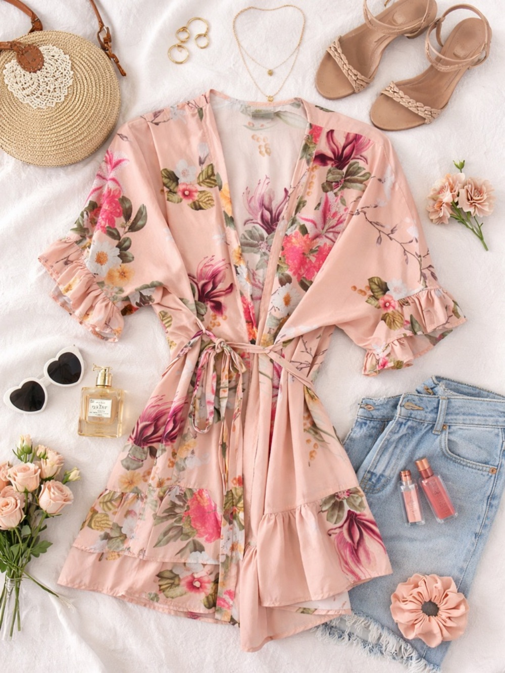 Plum Pretty Sugar Floral Kimono Robe | Blush Pink Wrap Tie Waist | Boho